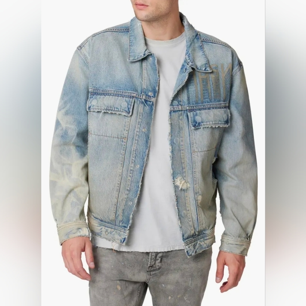 Hudson Jeans Boxy Ripped Denim Trucker Jacket Rugged Distressed Men's XXL New